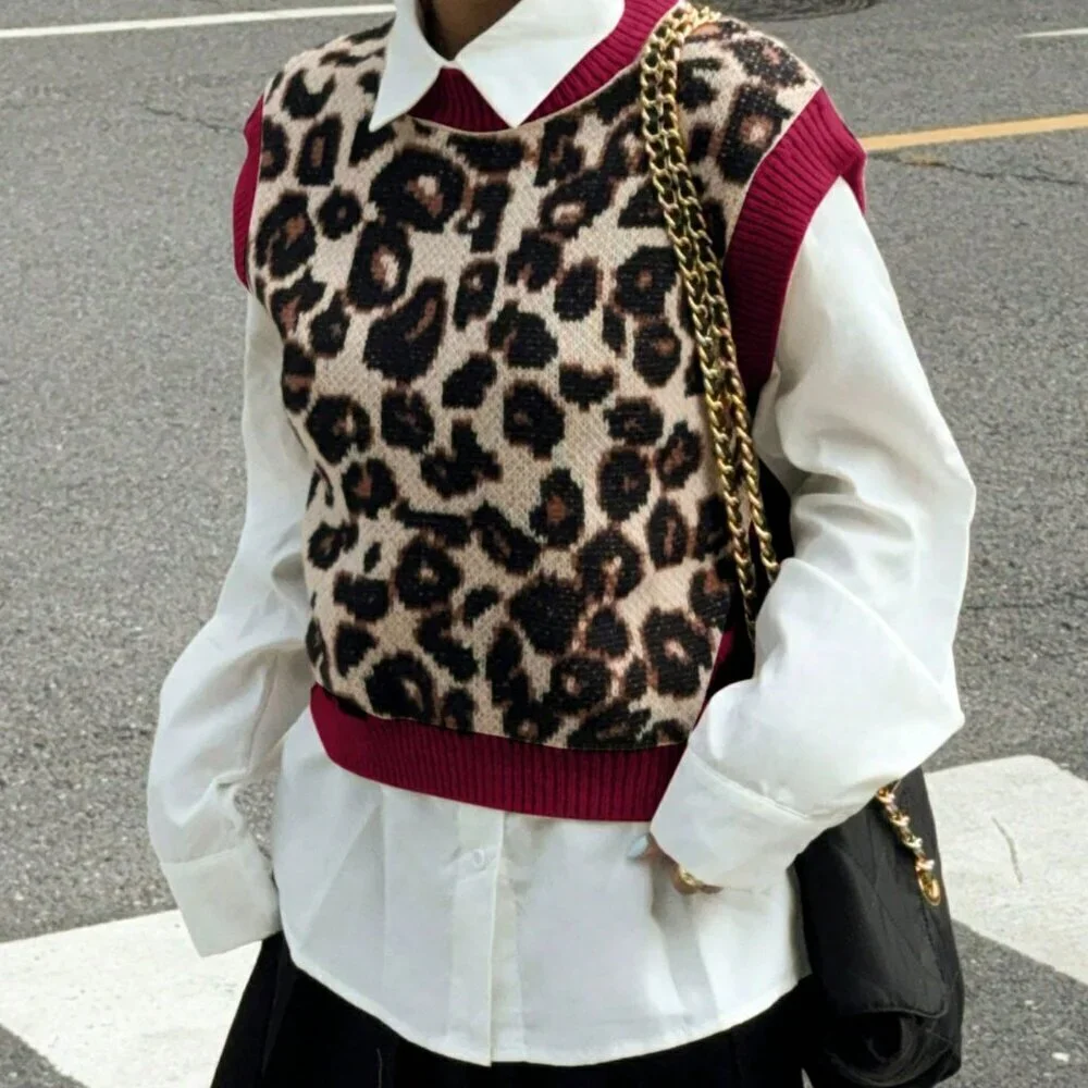 Multicolor Casual Women's Leopard Print Knit Sweater Vest